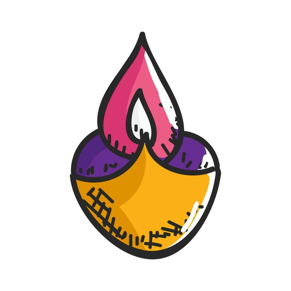 Doodle illustration of Oil Lamp Diya on white background. vector