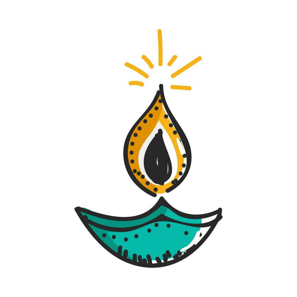 Doodle illustration of Oil Lamp Diya on white background. vector