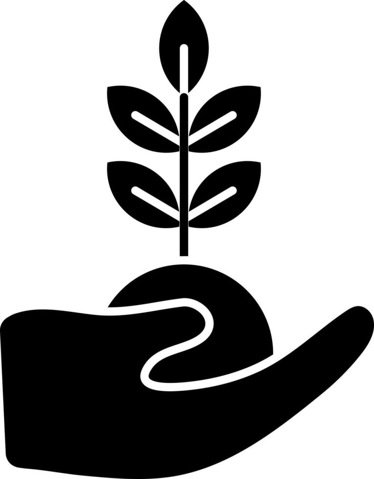 Icon of black hand holding leaves plant in flat style. vector