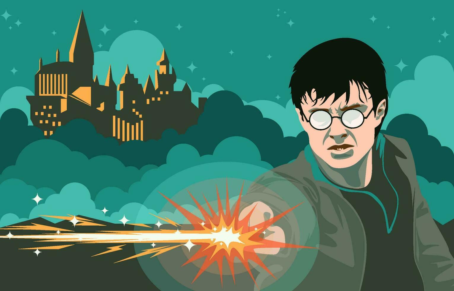 Male Wizard Casting Spell with Old Castle in The Background vector