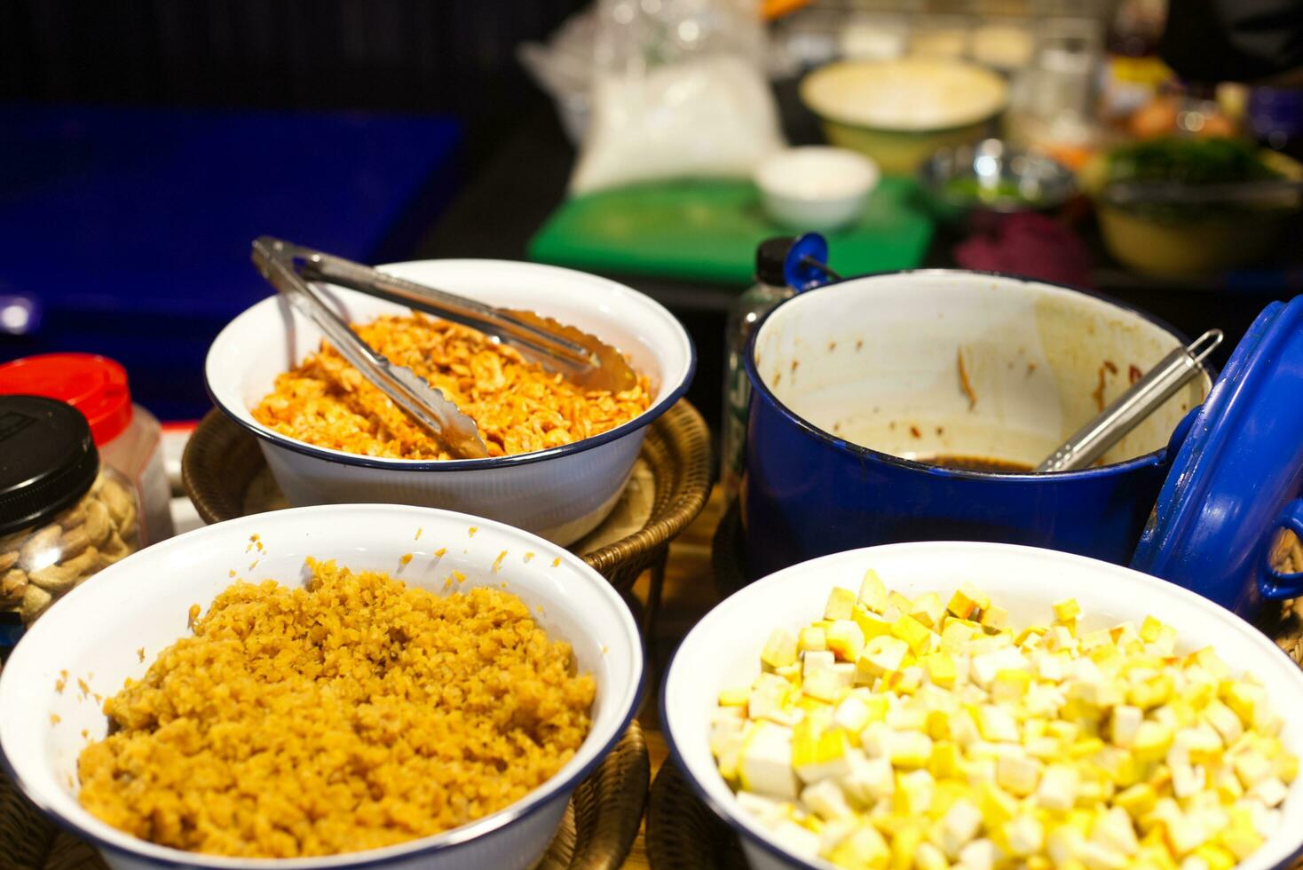 condiment garnish for the Pad Thai . sauce , tofu ,  salted turnip , dried shrimp photo
