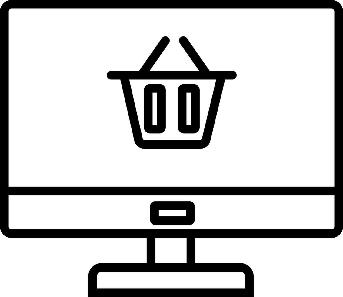Line art illustration of basket on desktop screen icon for online shopping concept. vector