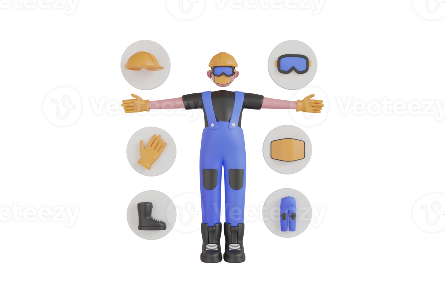 3D Personal Protective Equipment and Wear set. Protective and Safety Equipment or ppe. Worker with Personal Protective Equipment and Safety png