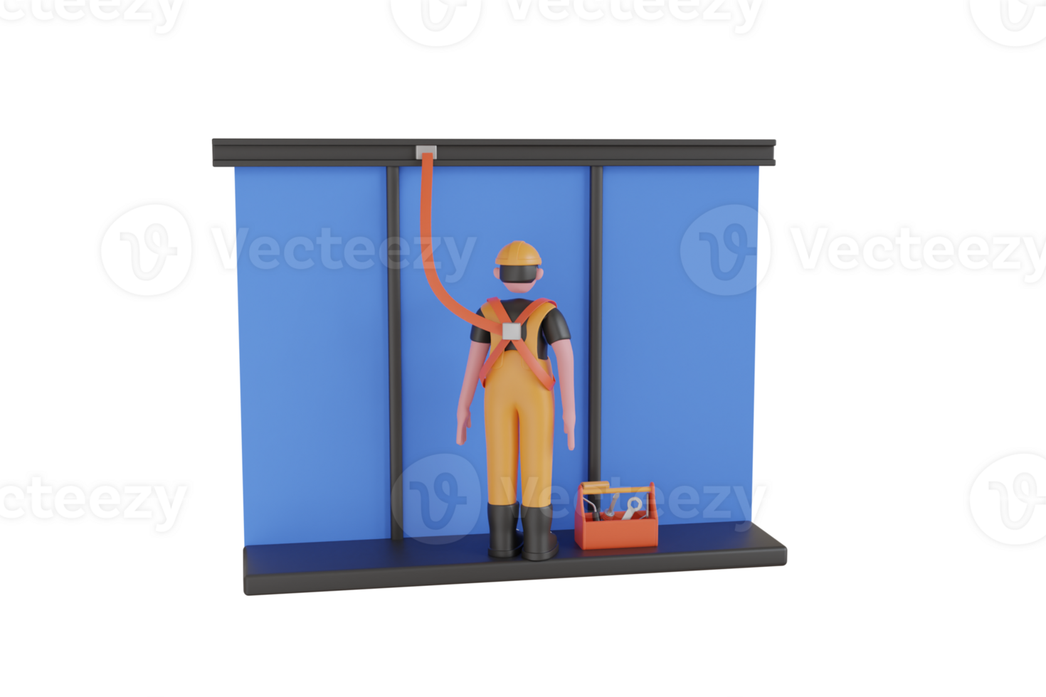 3D Illustration of an industrial worker with safety harness is working at height. Rules for working at height. Wear safety harness when working at heights png