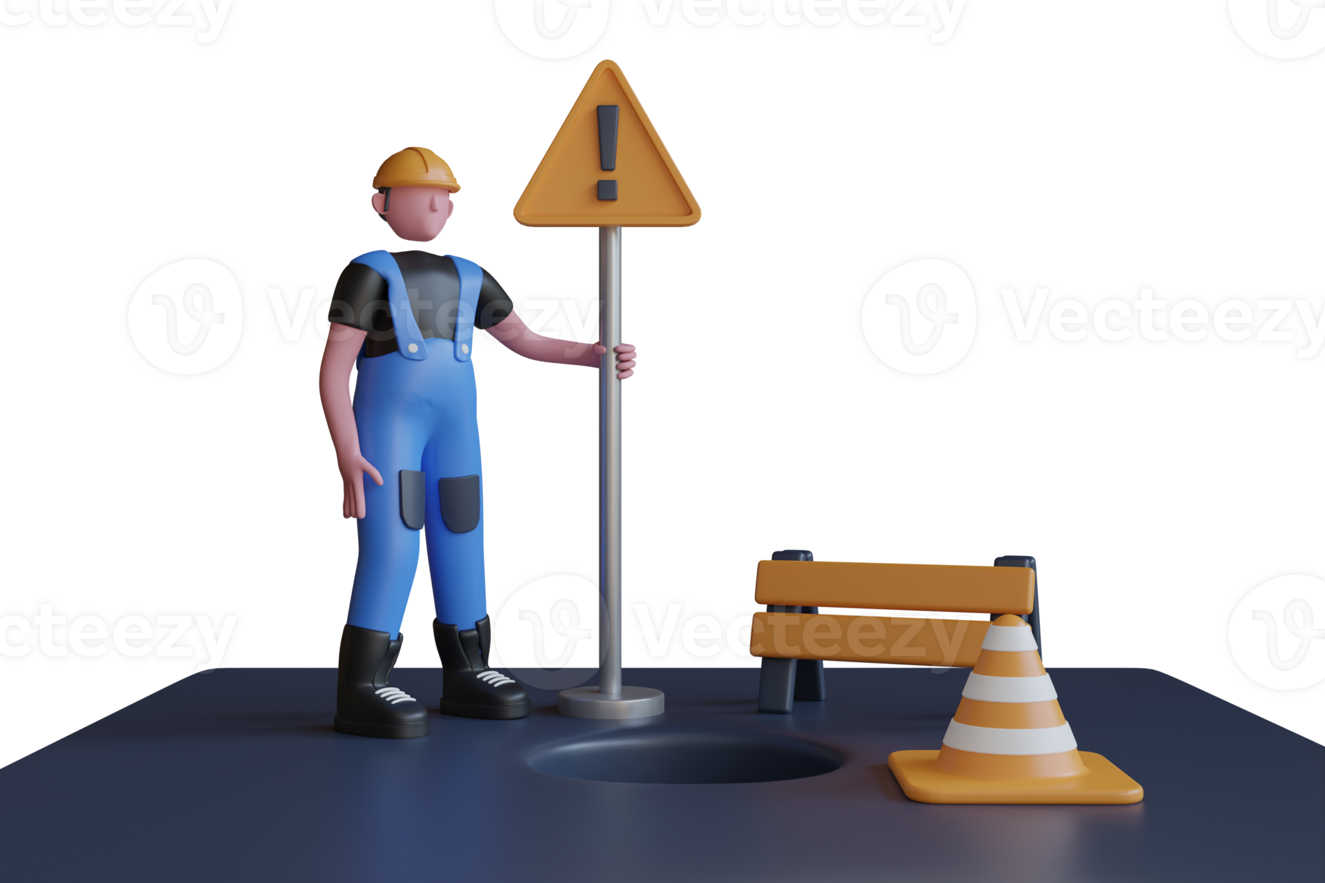 3d illustration of open sewer hatch and orange plastic traffic cones