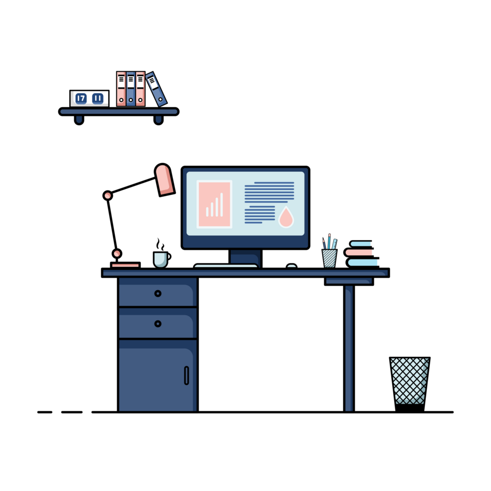 Flat design of working table with computer, desktop, equipment. Working desk with table, chair, book png