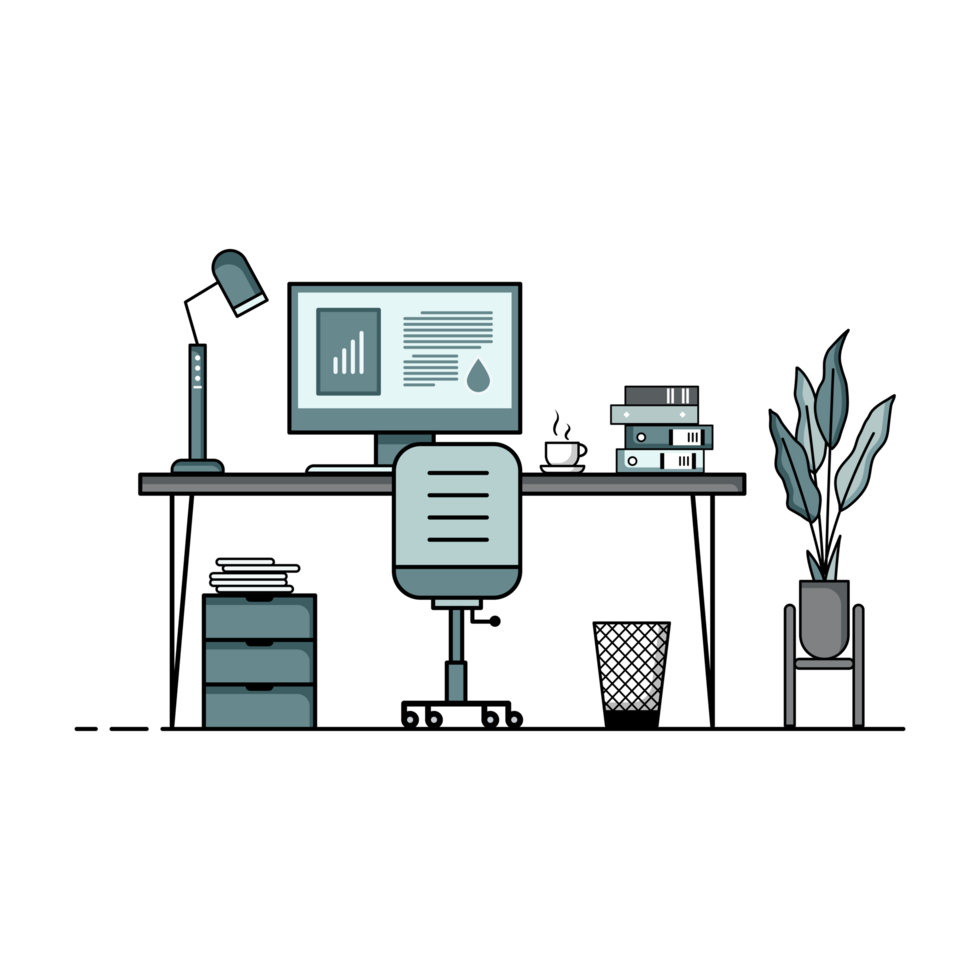 Flat design of working table with computer, desktop, equipment. Working desk with table, chair, book png