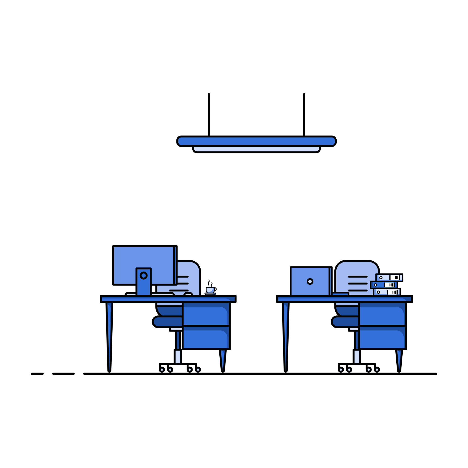 Flat design of working table with computer, desktop, equipment. Working desk with table, chair