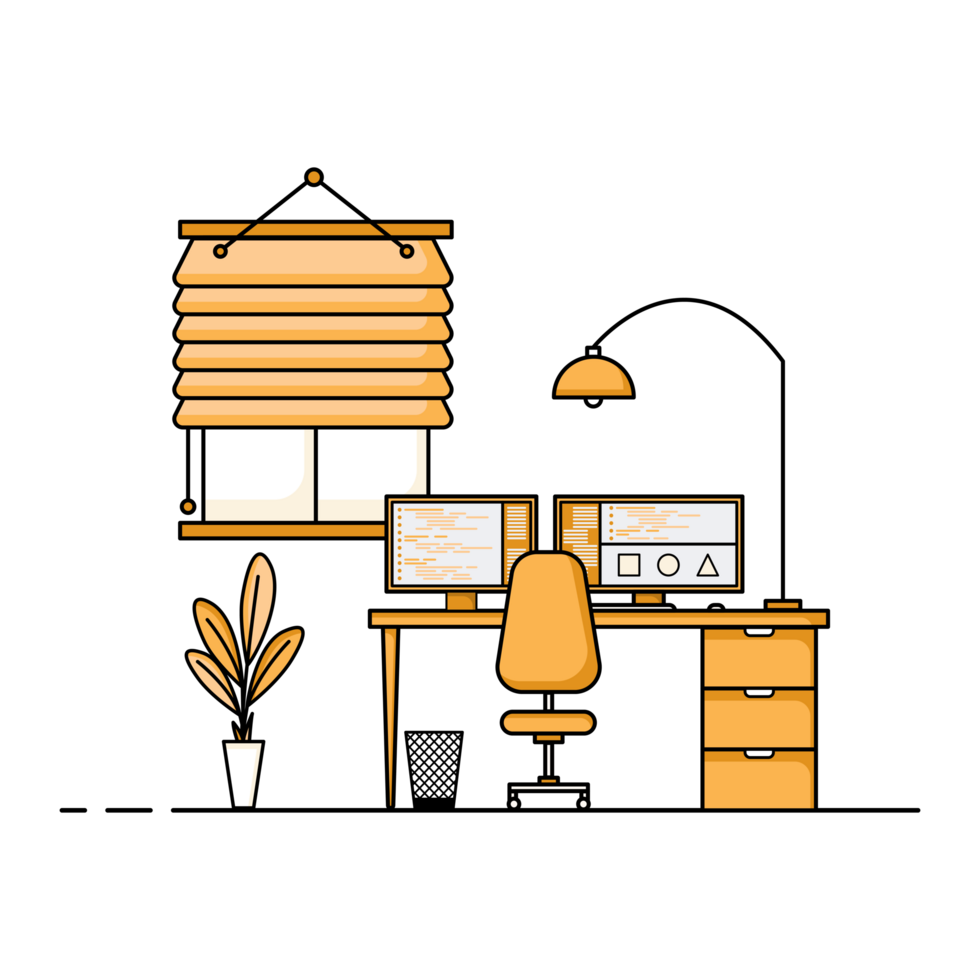 Flat design of working table with computer, desktop, equipment. Working desk with table, chair, book png