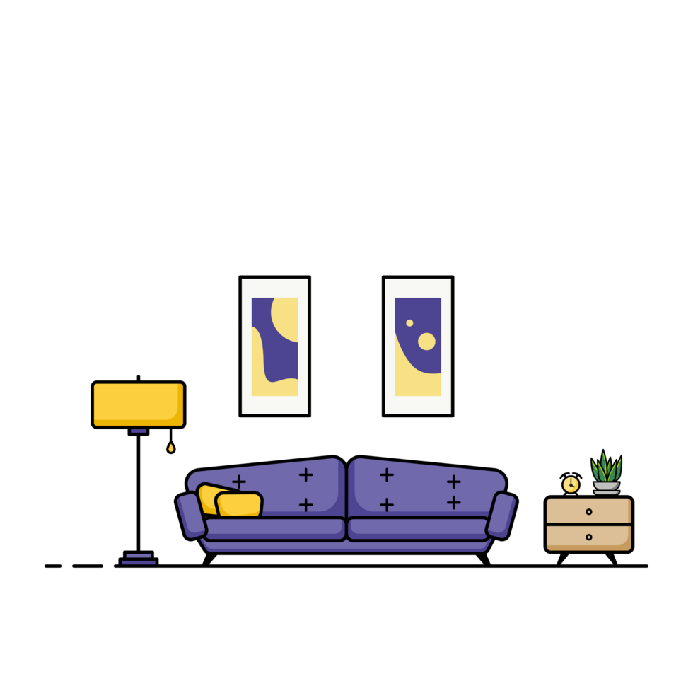 Living room flat design, living room interior with furniture. Illustration of home or house. png