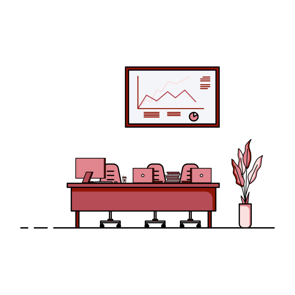 Flat design of working table with computer, desktop, equipment. Working desk with table, chair, book png