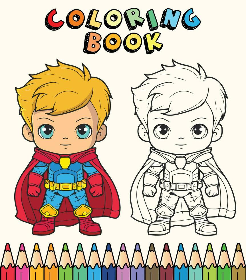 cute hero boy coloring book vector