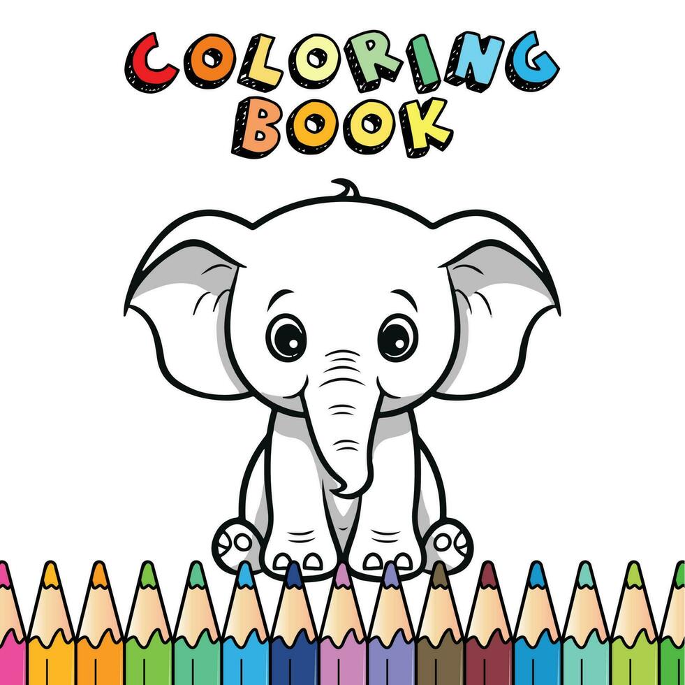 un colorante libro con un imagen de un bebé elefante sentado en parte superior de un fila de de colores Lápices vector