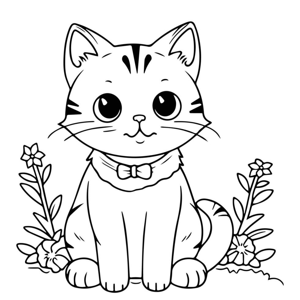 un negro y blanco dibujo de un gato con un arco atar. vector