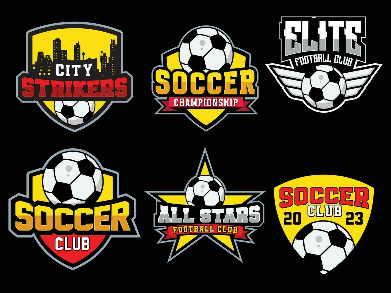 set of colorful soccer logos, and emblems collection. shield, wings, city, and football illustration logos on isolated backgrounds, editable text vector template, tournament and championship, leagues,