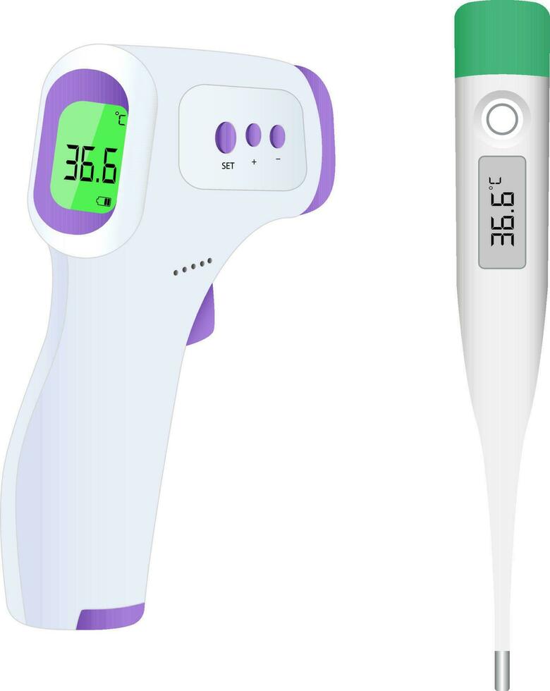 Celsius faringo temperatura termómetro electrónico verde púrpura manual vector