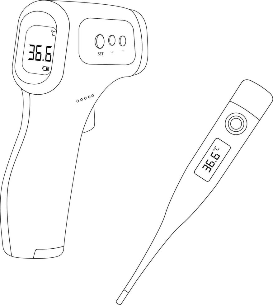 termómetro de diferente tipos lineal vector dibujo electrónico medicina inventario