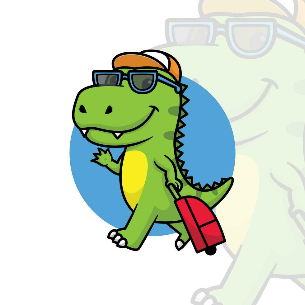 cute dinosaur wearing glasses with travel bag cartoon design vector