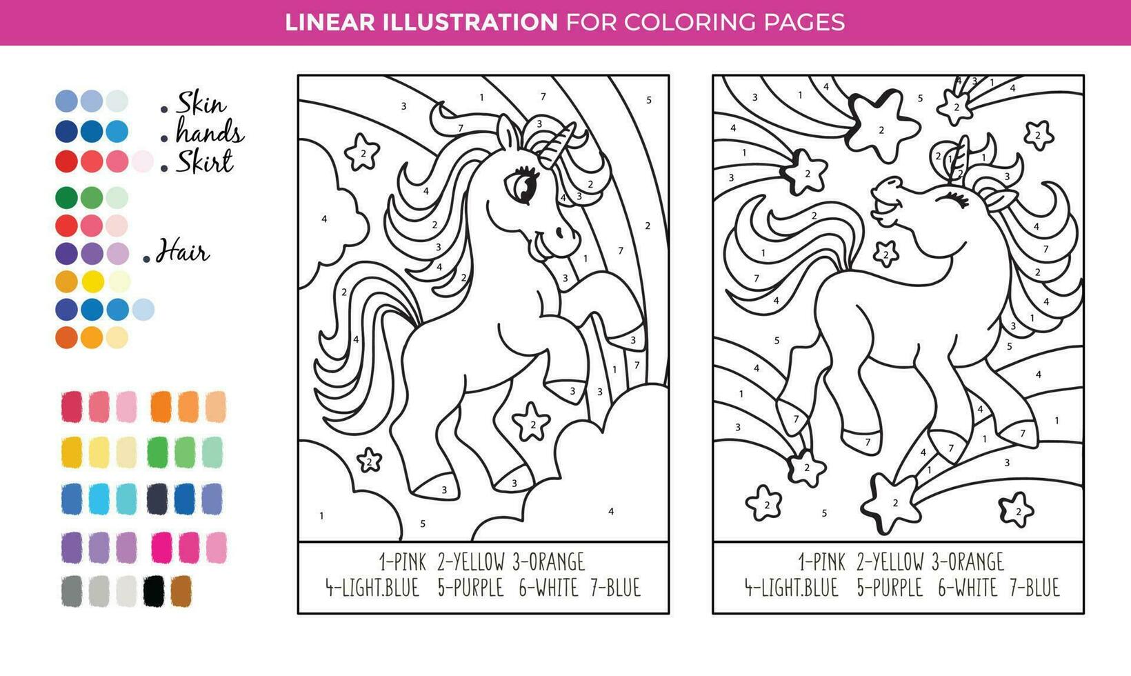 Unicorn Ponies Star by Number Coloring Pages, Learn numbers and colors. Printable worksheet. vector