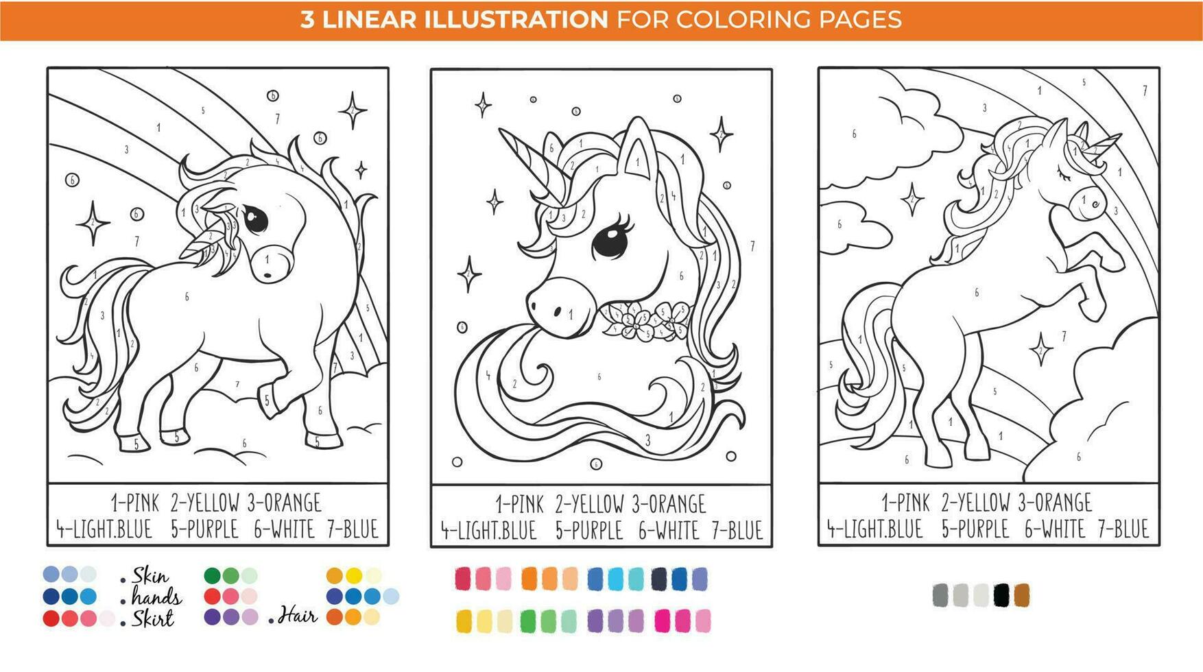unicornio y arcoiris por número colorante libro páginas, aprender números y colores. imprimible hoja de cálculo. vector