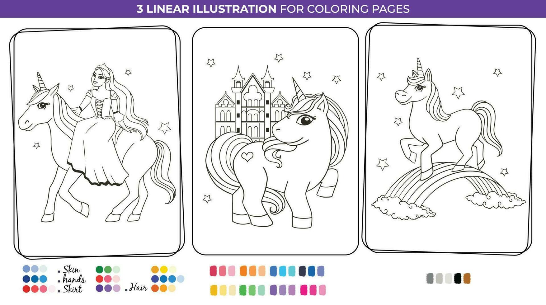 Cute Unicorn and Princess Coloring Pages, Learn numbers and colors. Printable worksheet. vector