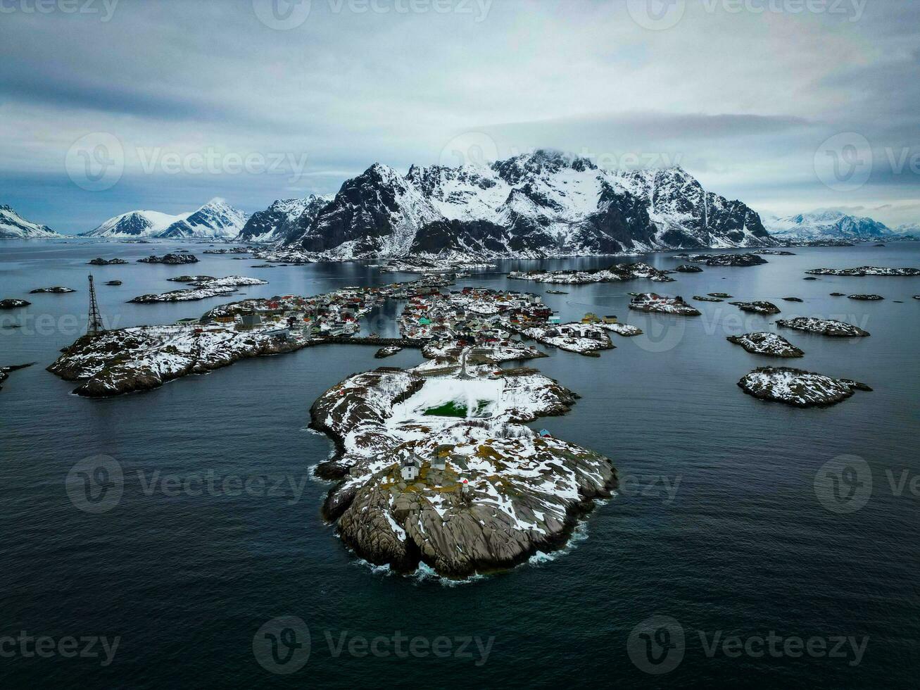 Henningsvaer in lofoten norway by drone photo