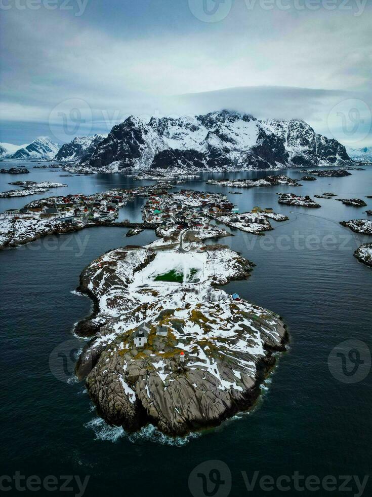 Henningsvaer in lofoten norway by drone photo