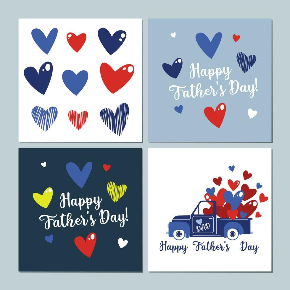 Set of greeting card with lettering Happy Father's Day and cute hand drawing hearts shape. Blue truck is full of hearts. Love dad. Greetings and presents for Father's Day vector