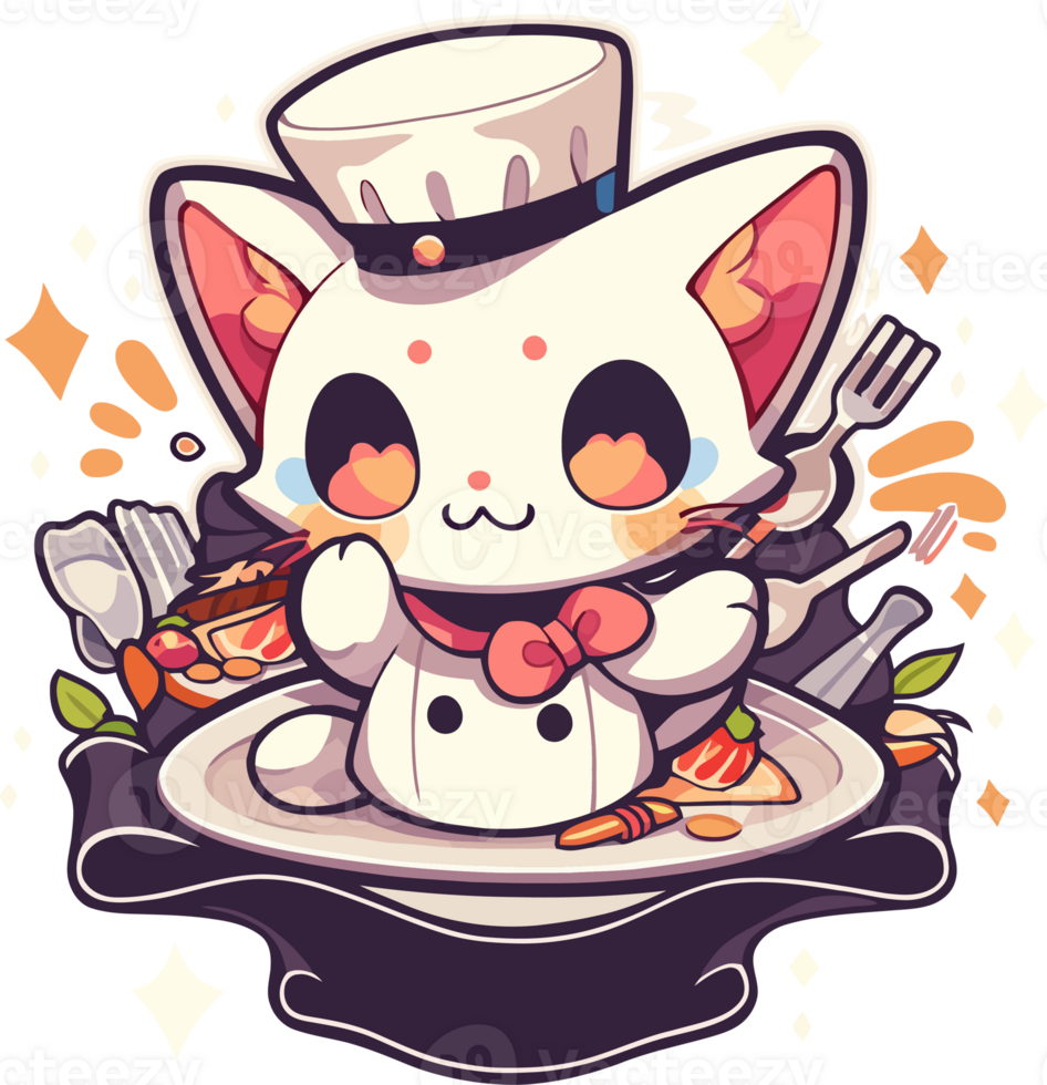 un dibujos animados gato con un cocinero sombrero se sienta en un plato con un plato de comida ai generativo png