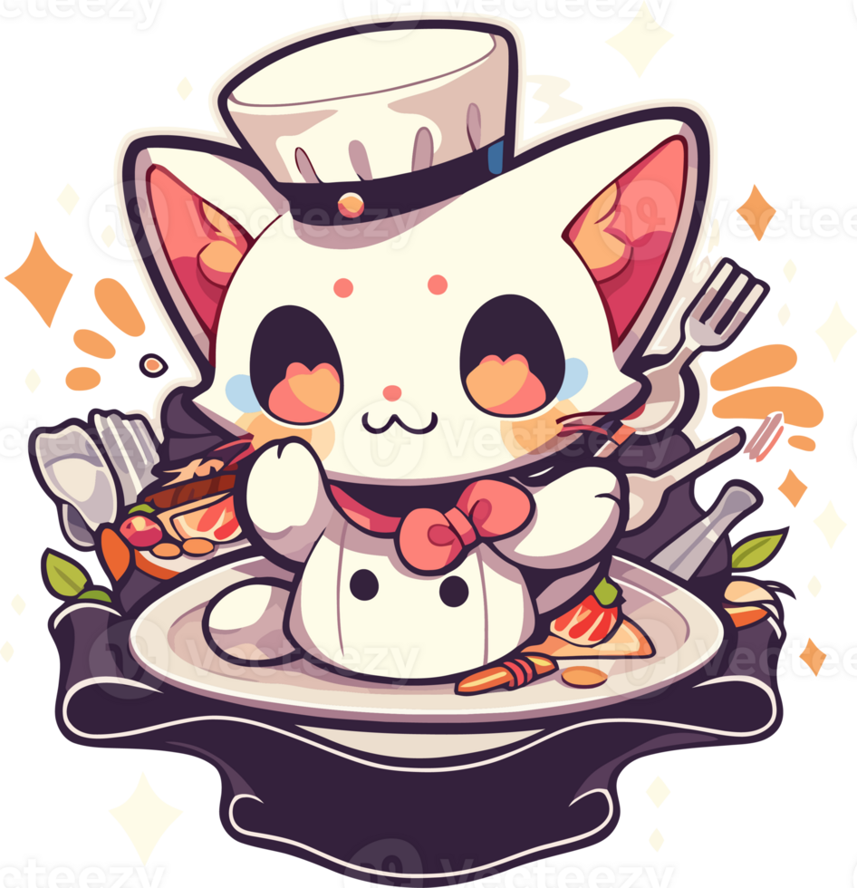 A cartoon cat with a chef hat sits on a plate with a plate of food png