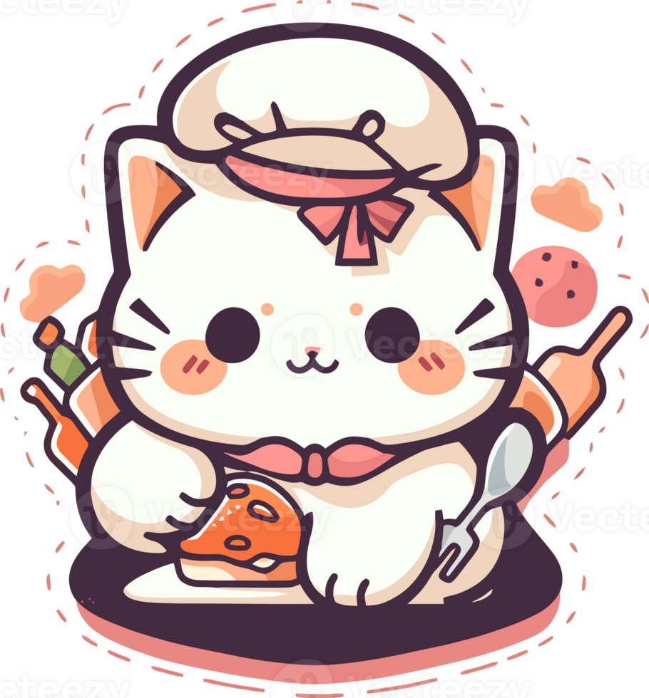 A cartoon cat with a hat and a spoon png