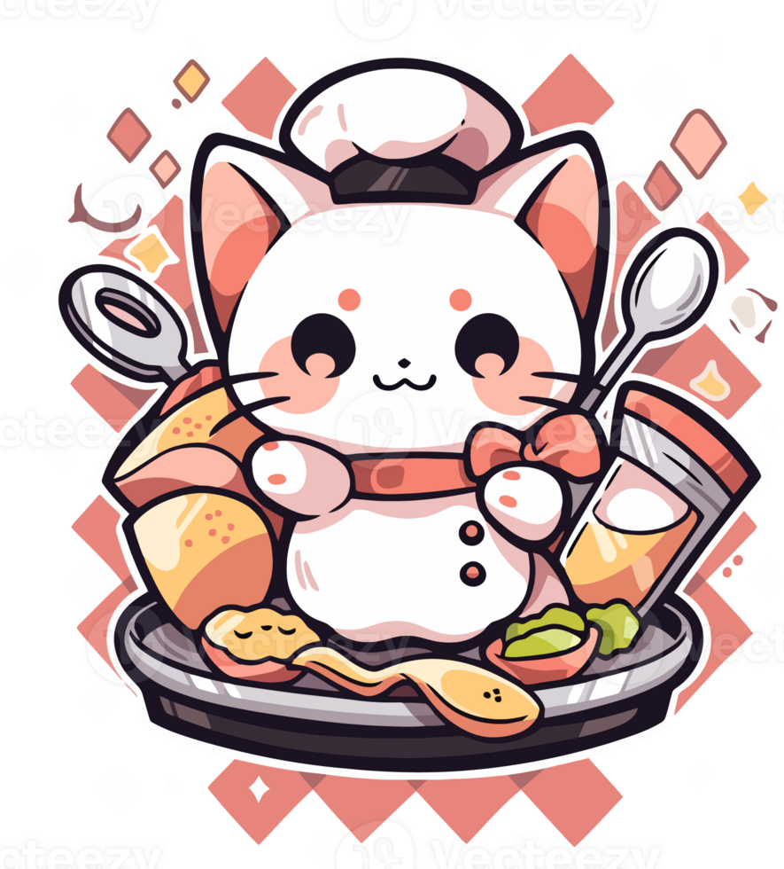 A cartoon cat is cooking in a pan of food png