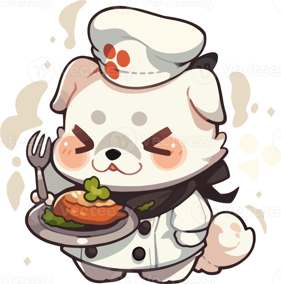 A cartoon dog with a chef hat and a plate of food png