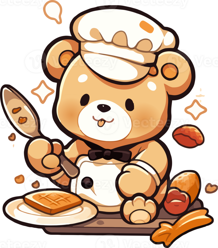 A teddy bear is cooking with a piece of toast png