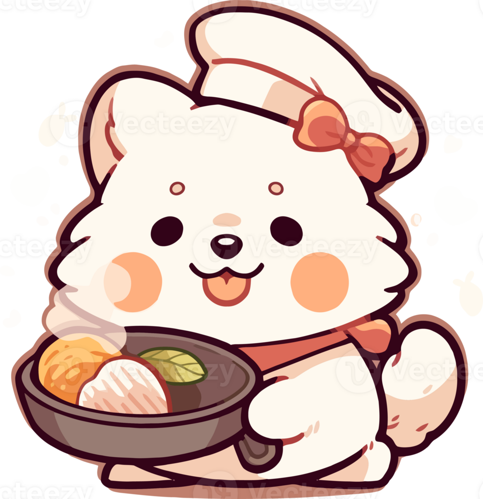 A cartoon of a dog wearing a chef hat holding a plate of sushi png