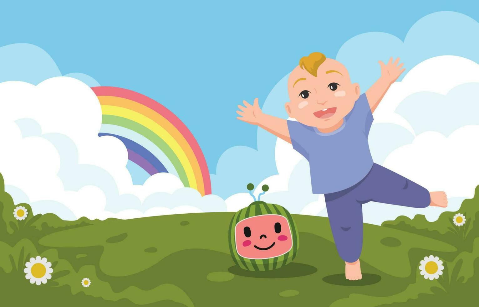 bebé chico y sandía muñeca con arco iris antecedentes vector