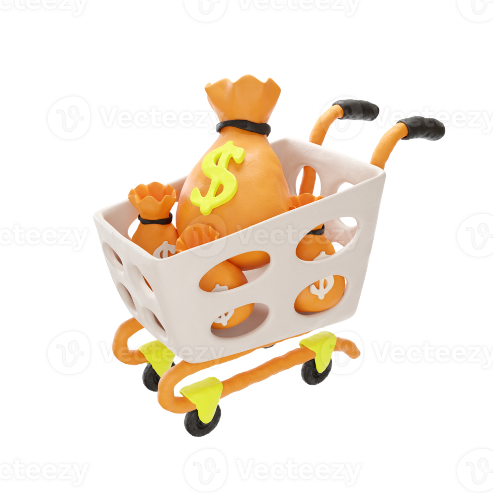 Shopping basket with money bags 3d png