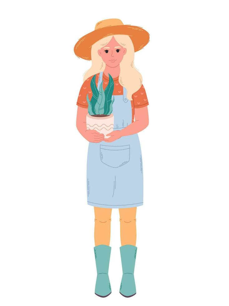 Woman gardener with potted house plant. Gardener, florist, farmer, botanics, seller in a flower shop vector