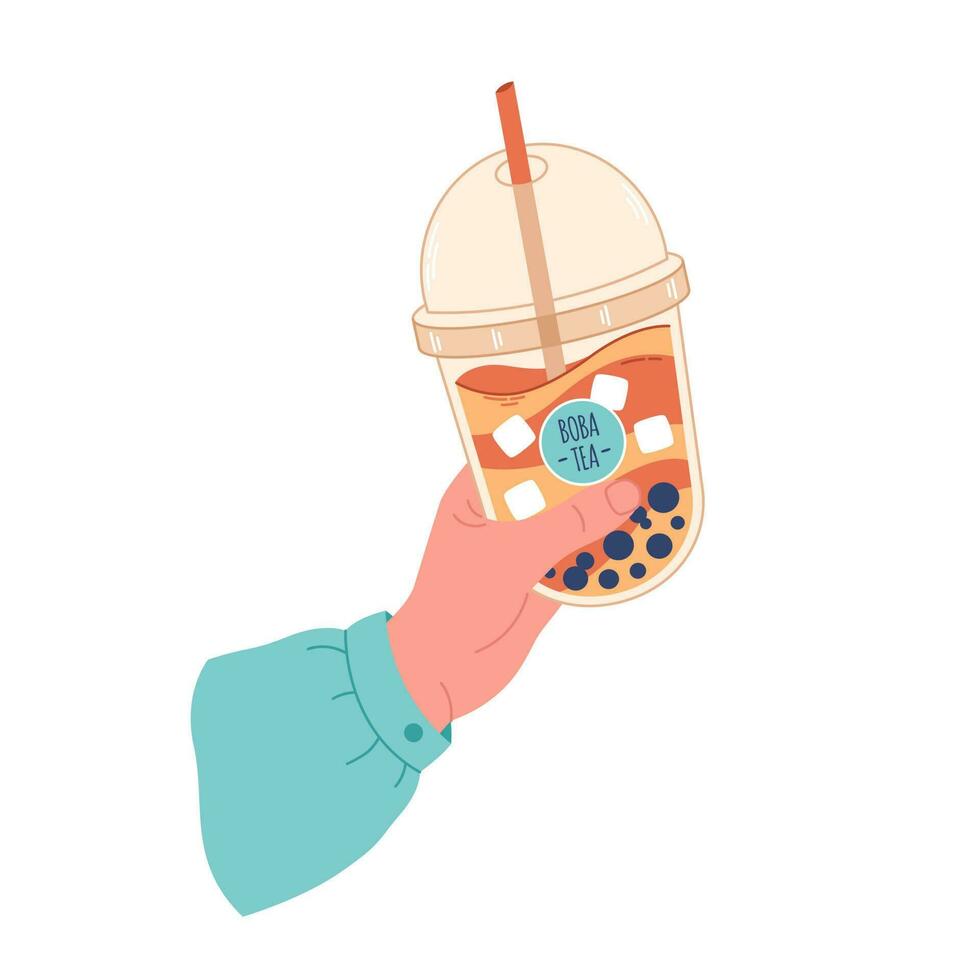 Hand holding bubble tea cup with tapioca pearls. Boba tea.Taiwanese drink. Summer cold drink vector