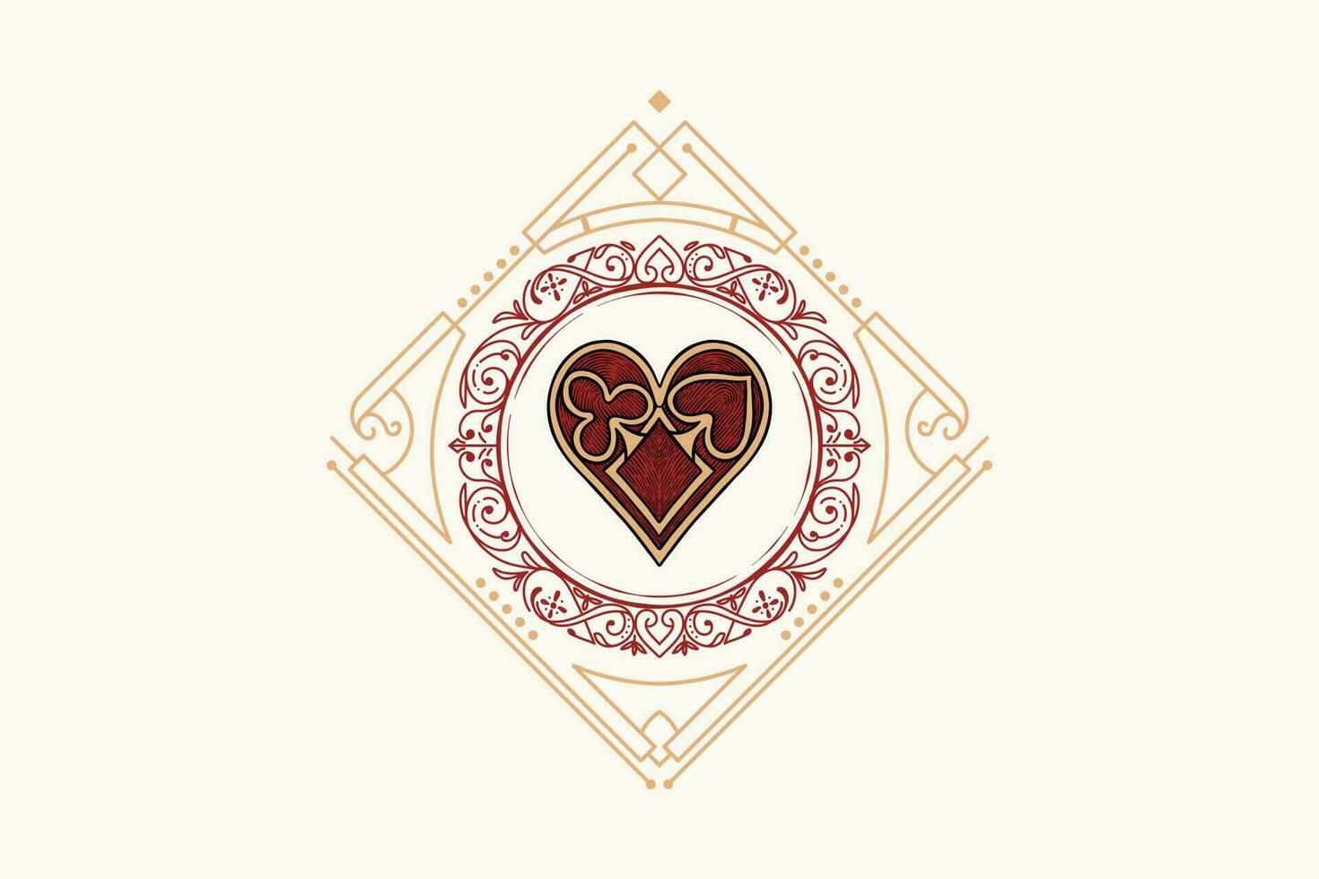poker red heart with vintage classic ornament for cards vector