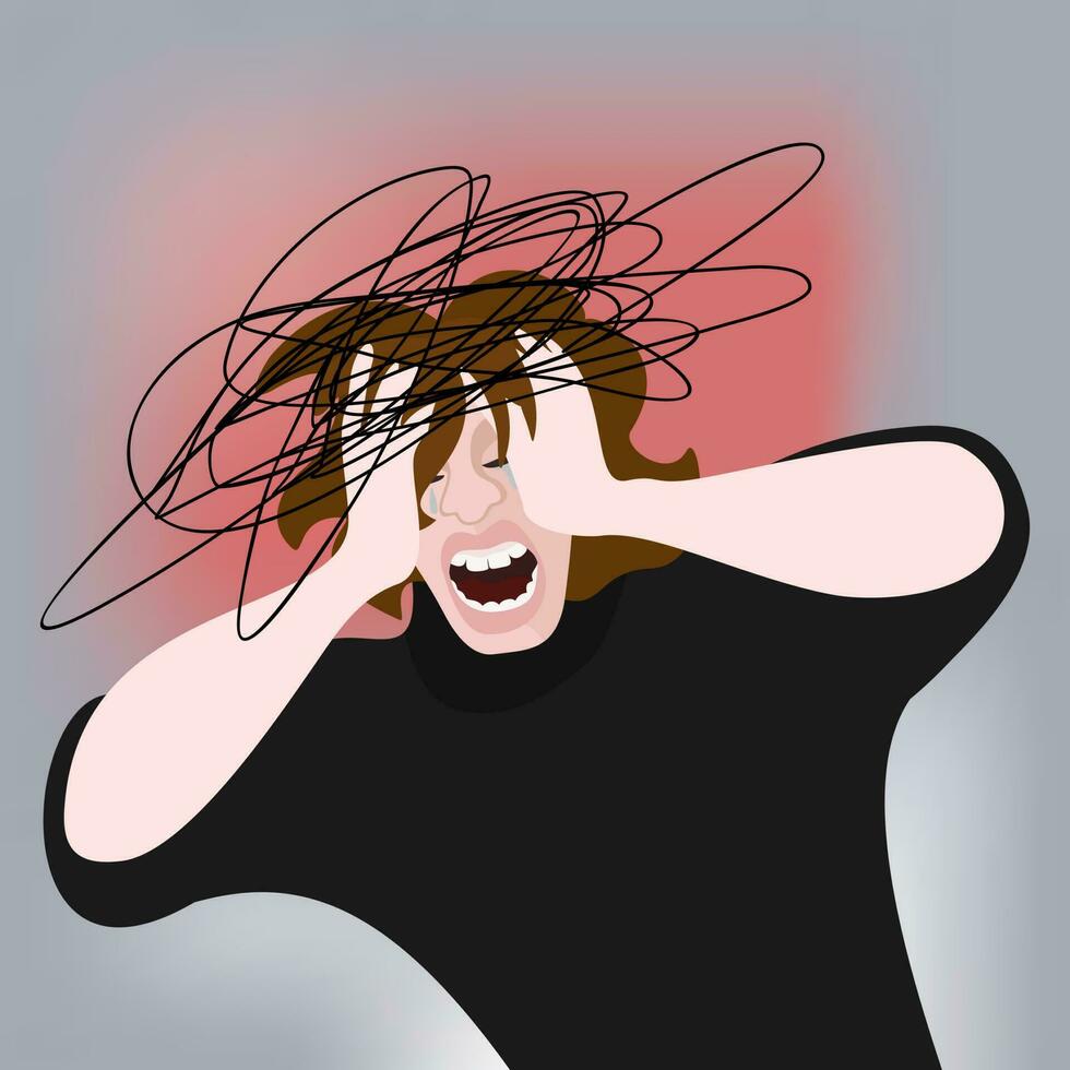 Headache. Young person crying and clutching aching head. vector