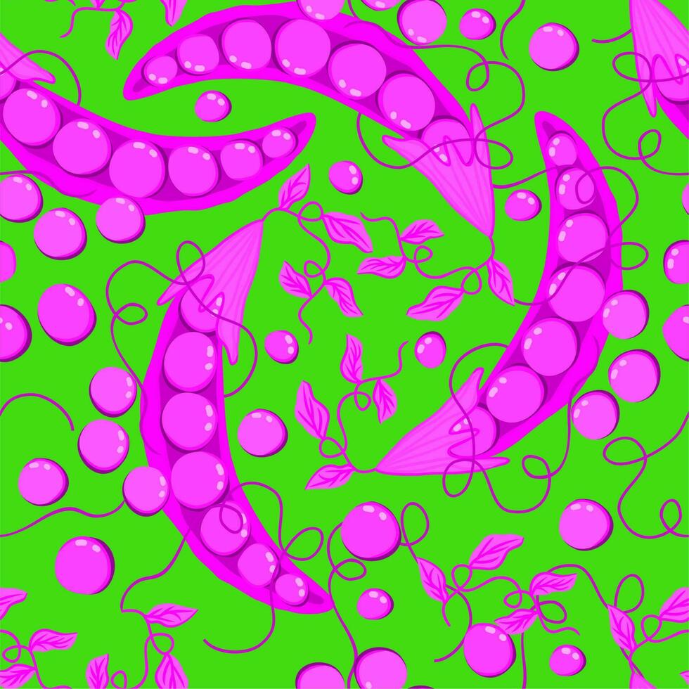 Vector seamless pattern with pink sweet peas on bright green background.