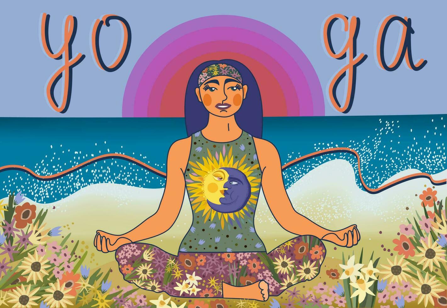 Yoga. Young woman sitting in lotus pose near the sea in flowers. vector