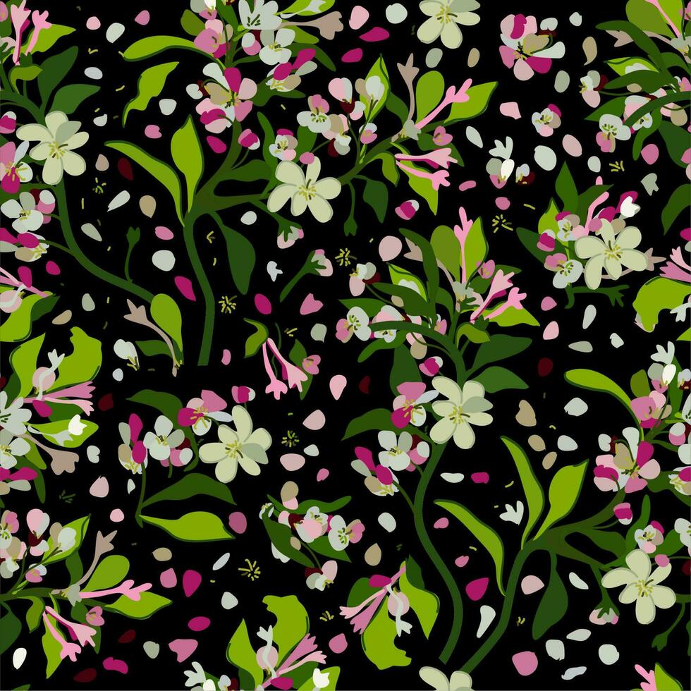 vector sin costura floral modelo con blanco y rosado flores y verde hojas en negro antecedentes.