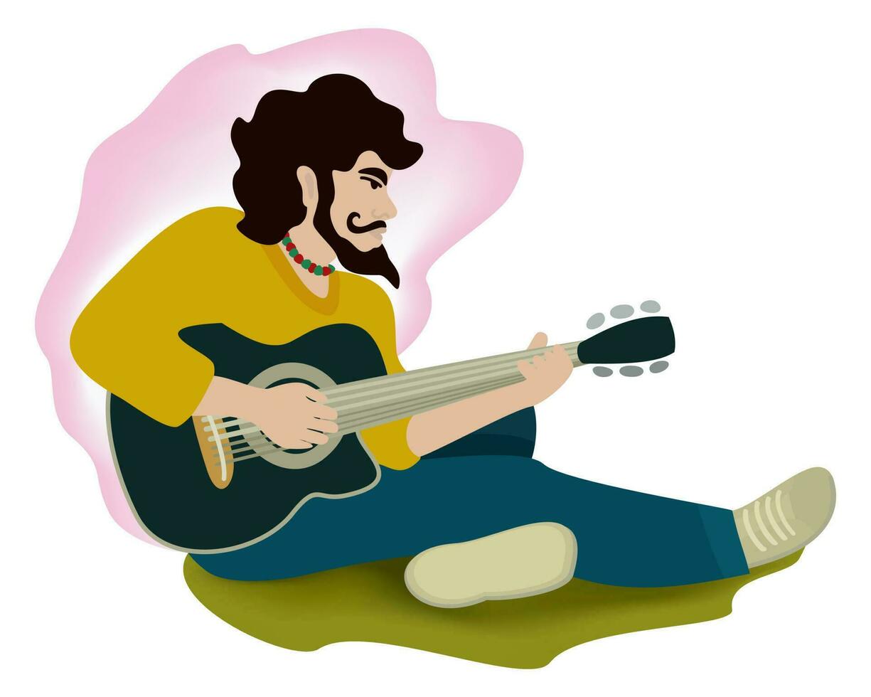 Guitarist. Young man sitting on a ground and playing guitar. vector