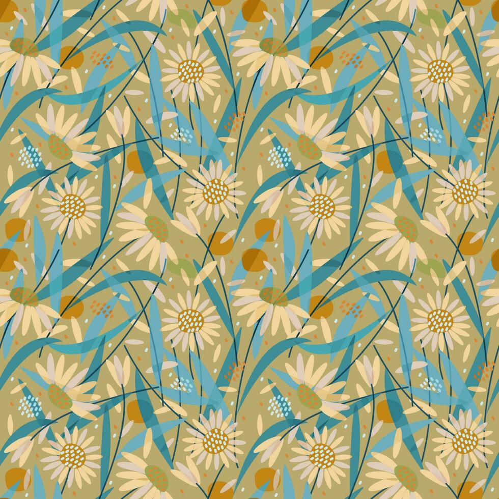 Vector seamless floral pattern with daisies, petals and leaves.