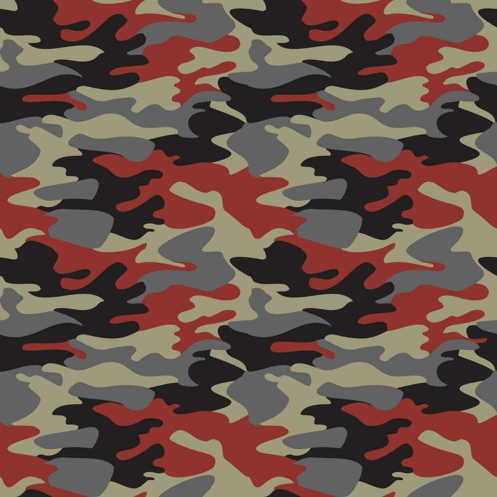 Camouflage pattern background seamless vector illustration. Classic clothing style masking camo repeat print. Red black gray colors forest texture