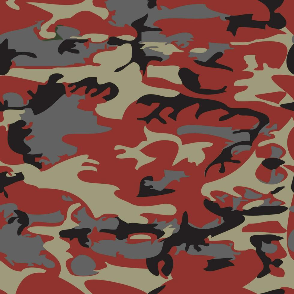 Camouflage pattern background seamless vector illustration. Classic clothing style masking camo repeat print. Red black gray colors forest texture