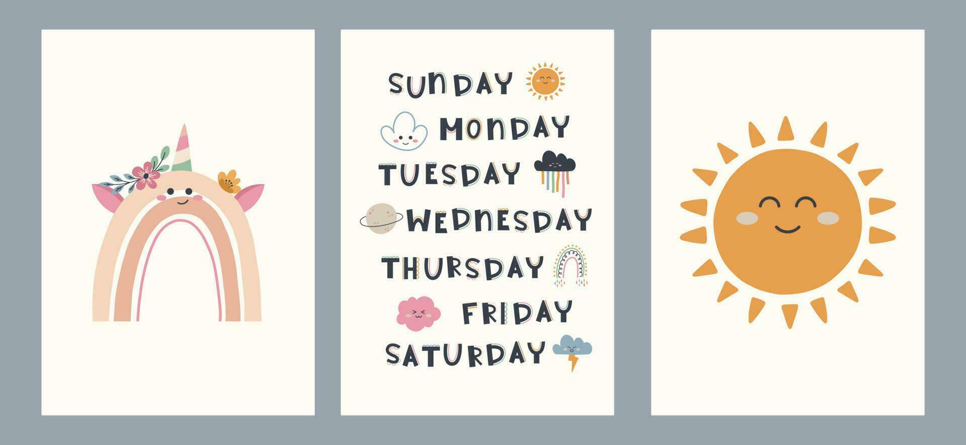 Cute hand drawn posters with rainbow, weather, education elements in boho style. Cartoon doodle print with days of the week for nursery. Design for card, label, brochure, book cover, poster, flyer vector