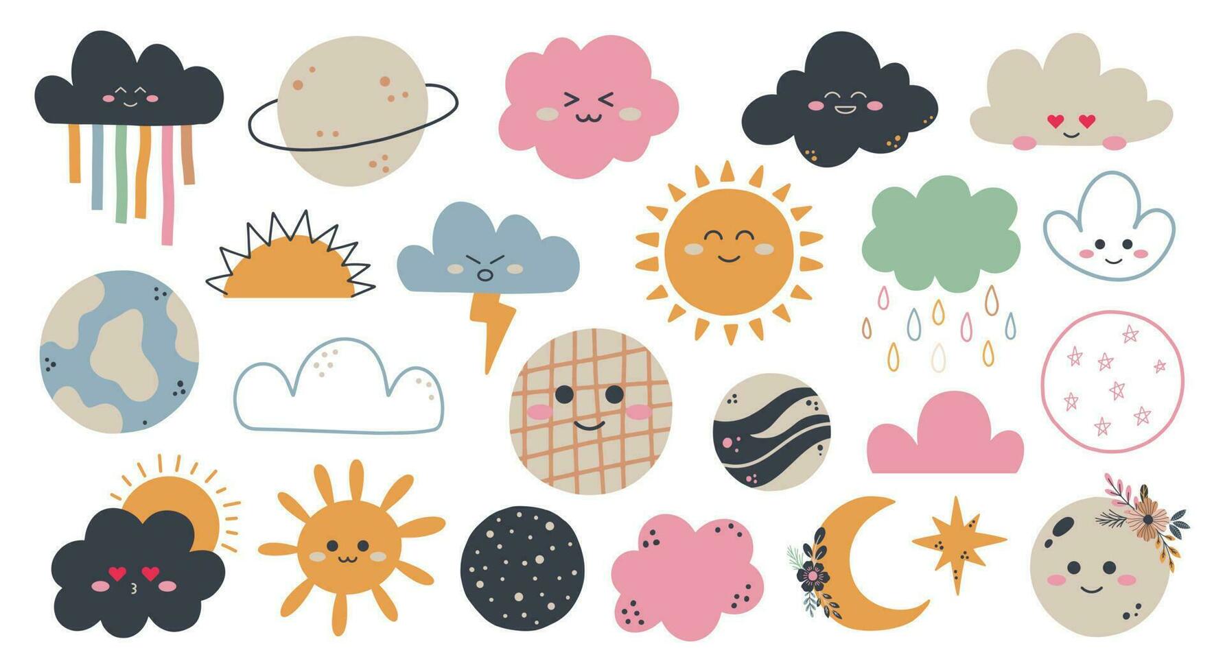 conjunto de linda mano dibujar arcoíris, sol, nube, estrella, clima en boho estilo. dibujos animados garabatear clipart elementos para guardería. diseño para ducha invitación tarjeta, cumpleaños, para niños fiesta, libro cubrir, póster vector